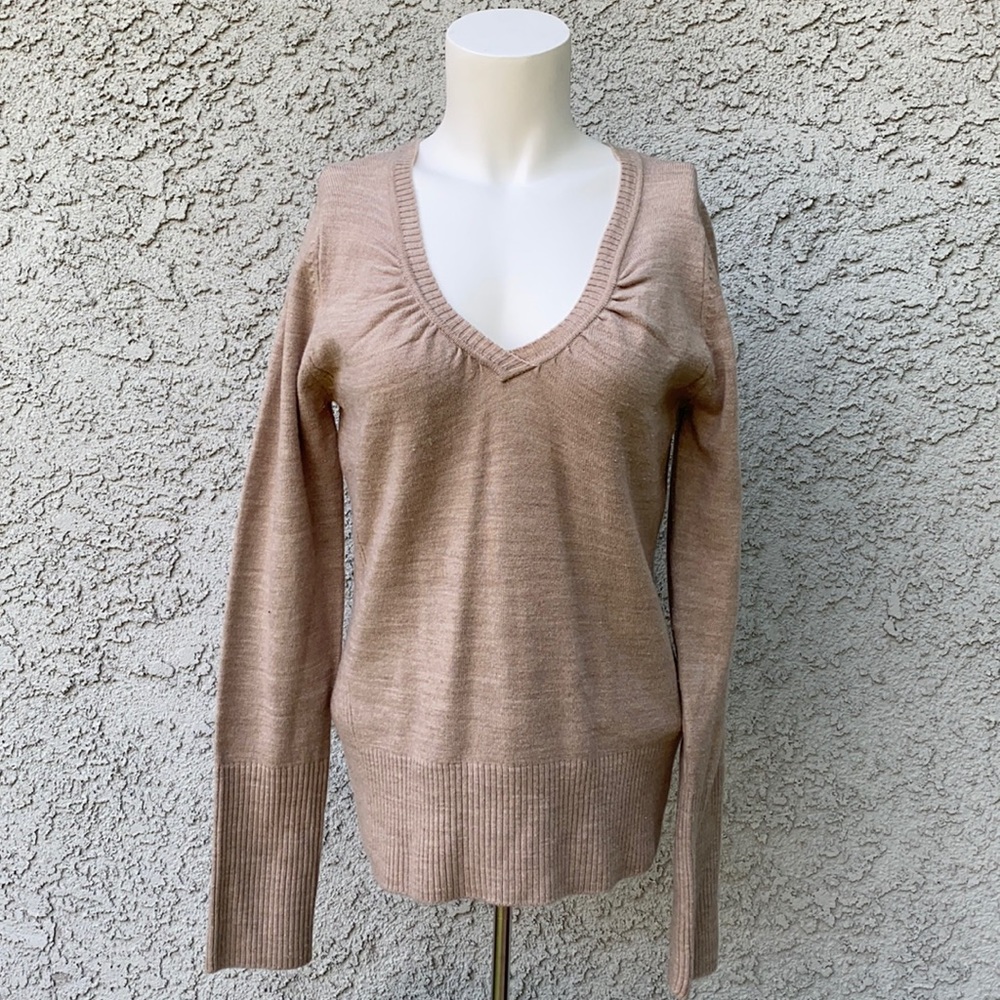 Takeout Ruched Pleated Sexy Nude Neutral Tan V-neck Sweater Blouse Long Sleeve